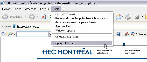 Copie d'écran du menu outils