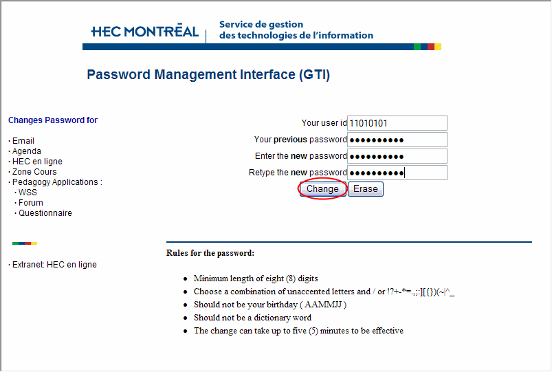 Copie d'écran de l'interface de changement de mot de passe