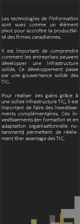 Zone de Texte: 	Les technologies de l�information sont vues comme un �l�ment  pivot pour accro�tre la productivit� des firmes canadiennes. Il est important de comprendre comment les entreprises peuvent d�velopper une infrastructure solide. Ce d�veloppement passe par une gouvernance solide des TIC.Pour r�aliser des gains gr�ce � une solide infrastructure TIC, il est important de faire des investissements compl�mentaires. Ces investissements (en formation et en adaptation organisationnelle notamment) permettent de r�ellement tirer avantage des TIC. 