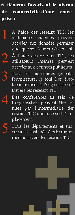 Zone de Texte: 5 lments favorisent le niveau de connectivit dune entreprise : 1 laide des rseaux TIC, les partenaires externes peuvent accder aux donnes permises quel que soit leur emplacement.2 laide des rseaux TIC, les utilisateurs internes peuvent accder aux donnes publiques 3Tous les partenaires (clients, fournisseurs) sont lis lectroniquement  lorganisation  travers les rseaux TIC.4Des confrences au sein de lorganisation peuvent tre tenues par lintermdiaire des rseaux TIC quel que soit lemplacement. 5Tous les dpartements et succursales sont lis lectroniquement  travers les rseaux TIC. 