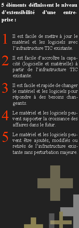 Zone de Texte: 5 �l�ments d�finissent le niveau d�extensibilit� d�une entreprise :1Il est facile de mettre � jour le mat�riel et les logiciels avec l�infrastructure TIC existante. 2Il est facile d�accro�tre la capacit� (logicielle et mat�rielle) � partir de l�infrastructure TIC existante.3Il est facile et rapide de changer le mat�riel et les logiciels pour r�pondre � des besoins changeants.4Le mat�riel et les logiciels peuvent supporter la croissance des affaires dans le futur.5Le mat�riel et les logiciels peuvent �tre ajout�s, modifi�s ou retir�s de l�infrastructure existante sans perturbation majeure. 